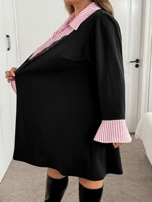 SHEIN CURVE+ Plus Size Women's Striped Faux Two-Piece Patchwork Casual Daily Summer Dress - Black - View 5