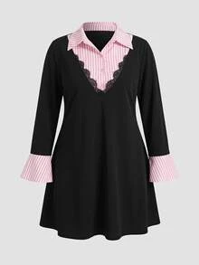 SHEIN CURVE+ Plus Size Women's Striped Faux Two-Piece Patchwork Casual Daily Summer Dress - Black - View 4
