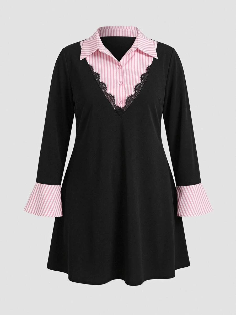 SHEIN CURVE+ Plus Size Women's Striped Faux Two-Piece Patchwork Casual Daily Summer Dress - Black - View 1