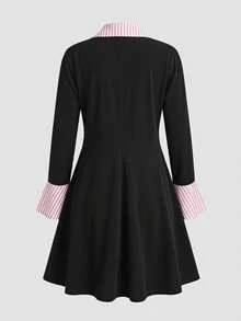 SHEIN CURVE+ Plus Size Women's Striped Faux Two-Piece Patchwork Casual Daily Summer Dress - Black - View 2