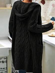 Freevana كارديجان نسائي مفتوح من الأمام بغطاء رأس - كنزة صوفية محبوكة بكابلات بلون أسود موحد - معاطف طويلة للشتاء - الأسود - مشاهدة 2