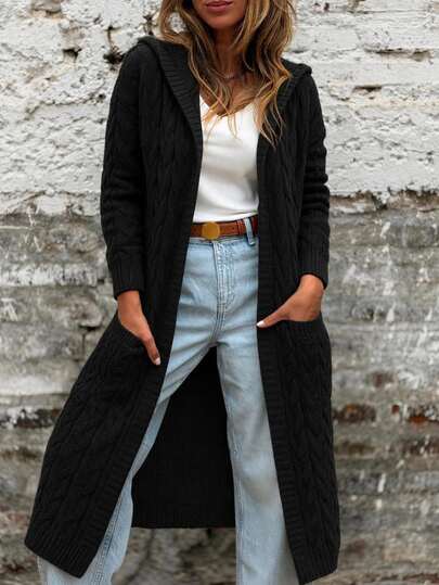Freevana Women's Open Front Hooded Cardigan - Solid Color Black Cable Knit Sweater - Long Coats Winter