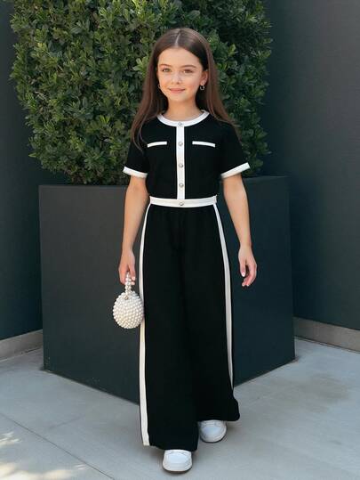 Firerie Kids Firerie Kids Atasan Kancing Mutiara Kontras Hitam Putih dan Celana Panjang Lurus untuk Remaja Perempuan, Gaya Kasual & Formal Elegan, Kembali ke Sekolah.