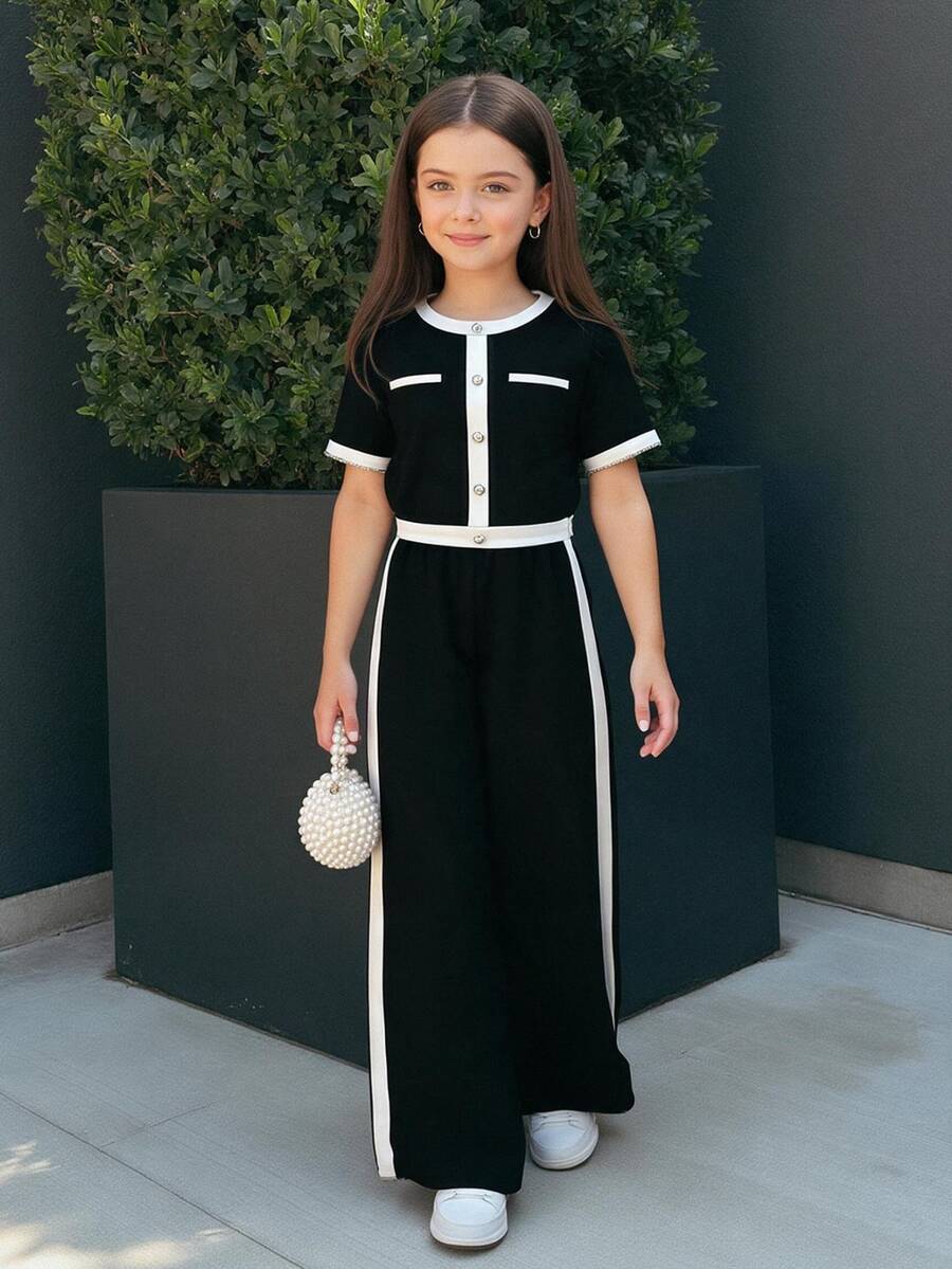 Firerie Kids Firerie Kids Tween Girl Casual & Formal Elegant Back To School Black & White Contrast Pearl Button Top & Straight Leg Color Block Pants - Black and White - View 1