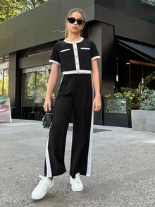 Firerie Kids Firerie Kids Tween Girl Casual & Formal Elegant Back To School Black & White Contrast Pearl Button Top & Straight Leg Color Block Pants - Black and White - View 4