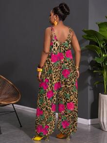 Veslaya Leopard Print Plus Size Women's Vacation Floral Pocket Camisole Jumpsuit Beach Black Summer Bohemian Boho - Multicolor - View 2
