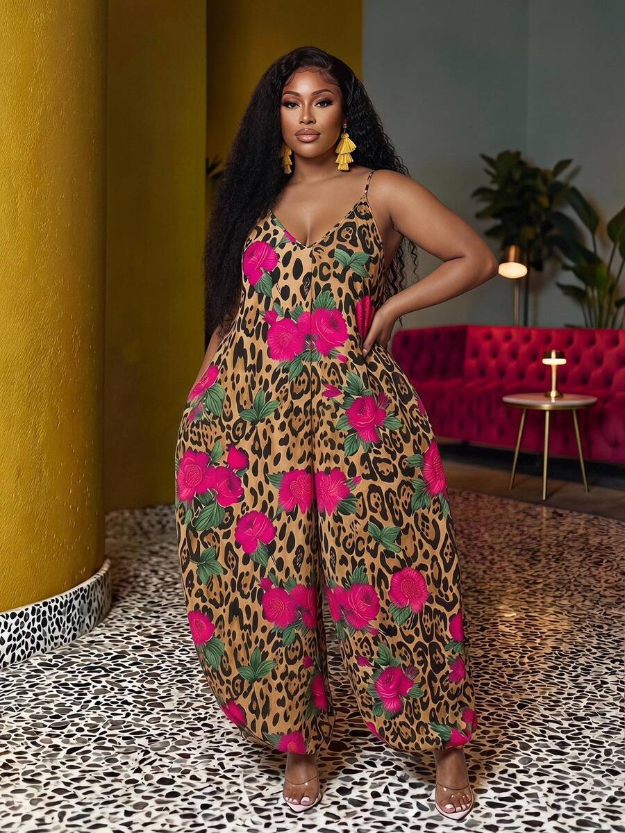 Veslaya Leopard Print Plus Size Women's Vacation Floral Pocket Camisole Jumpsuit Beach Black Summer Bohemian Boho - Multicolor - View 1