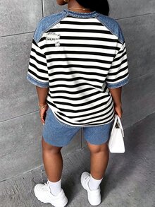 Veslaya 2件組大尺碼女款休閒街頭風可愛黑白淺藍圖案圓領T恤＋短款緊身褲套裝，夏季Y2K節慶風 - 彩色 - 查看 2