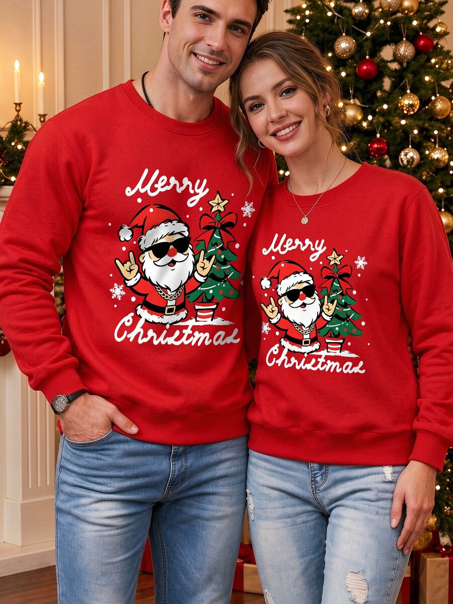 Manfinity Homme 男士聖誕衛衣 金色鍊條嘻哈聖誕老人印花 聖誕樹 Merry Christmas 圓領套頭衫 聖誕派對度假穿搭 - 紅色 - 查看 1