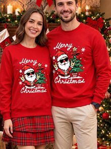 Manfinity Homme 男士聖誕衛衣 金色鍊條嘻哈聖誕老人印花 聖誕樹 Merry Christmas 圓領套頭衫 聖誕派對度假穿搭 - 紅色 - 查看 8