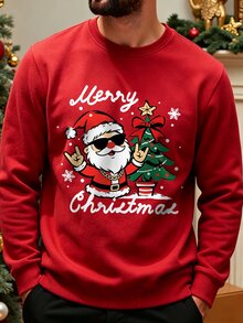Manfinity Homme 男士聖誕衛衣 金色鍊條嘻哈聖誕老人印花 聖誕樹 Merry Christmas 圓領套頭衫 聖誕派對度假穿搭 - 紅色 - 查看 9