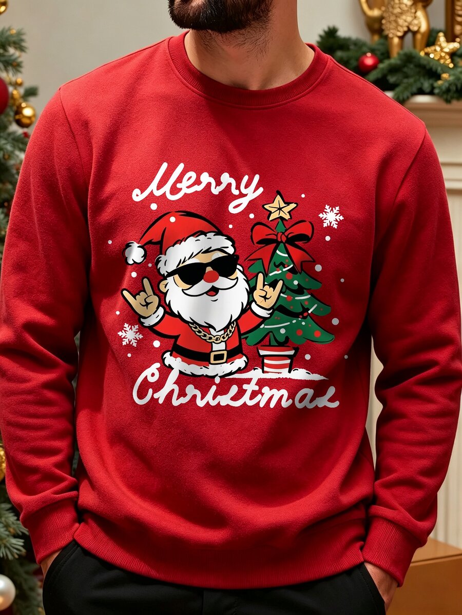 Manfinity Homme Men's Christmas Sweatshirt, Gold Chain Hip Hop Santa Claus Print, Christmas Tree Merry Christmas Pullover, Christmas Party Holiday Outfit - Red - View 1