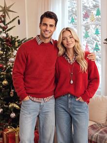 SHEIN LUNE Christmas Casual Excl 嬰兒兒童女款純色V領落肩長袖針織衫 秋冬日常節日家庭配色紅色 - 紅色 - 查看 2
