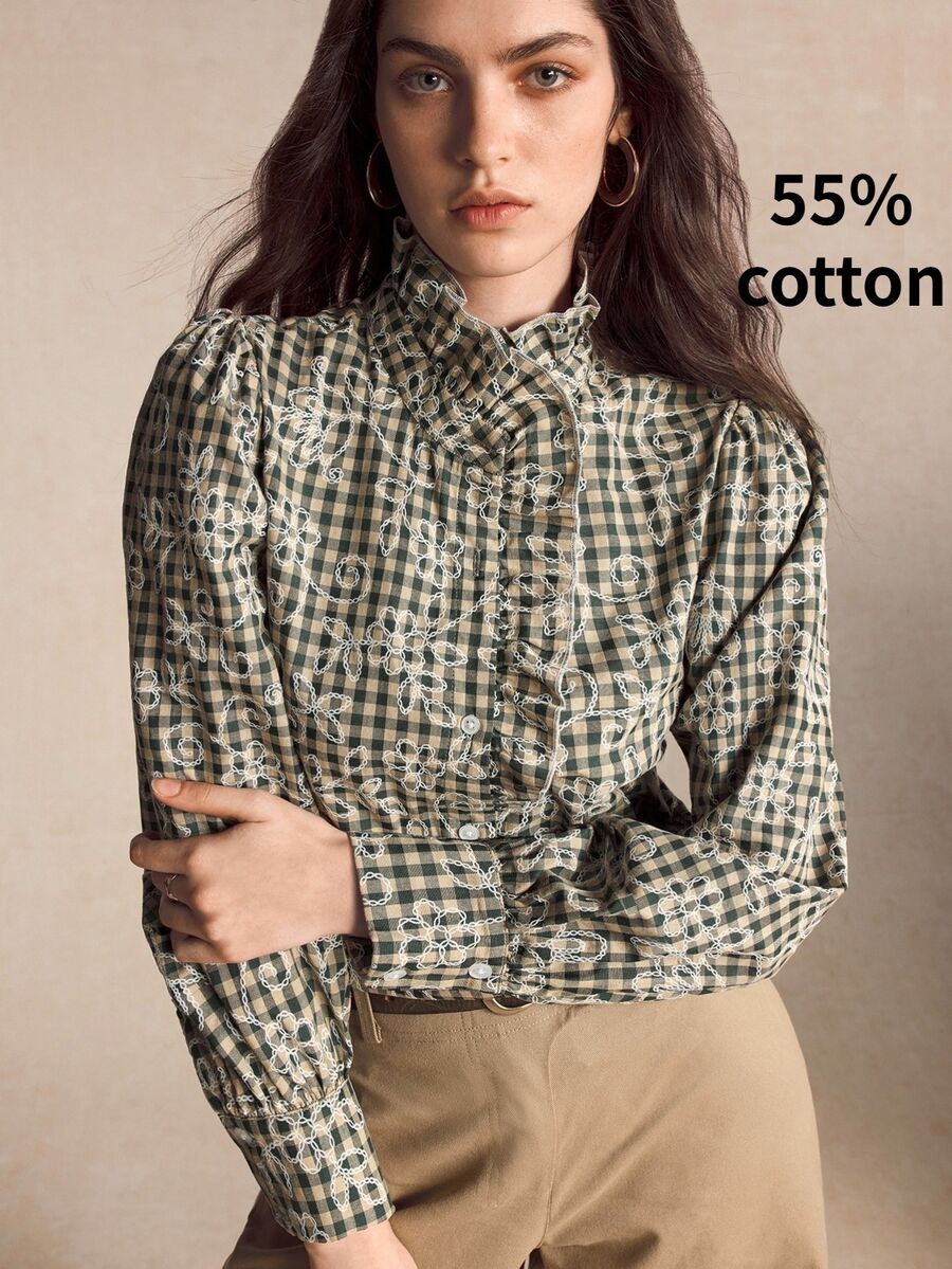 BizChic Women's Plaid Floral Pattern Casual Daily Wear Shirt - Green - View 1