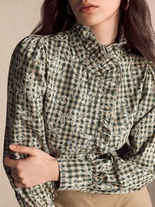 BizChic Women's Plaid Floral Pattern Casual Daily Wear Shirt - Green - View 7