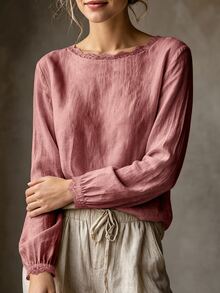SHEIN Women's Casual Elegant Light Beige Round Neck Lace Trim Minimalist Commute Versatile Daily Blouse - Watermelon Pink - View 4