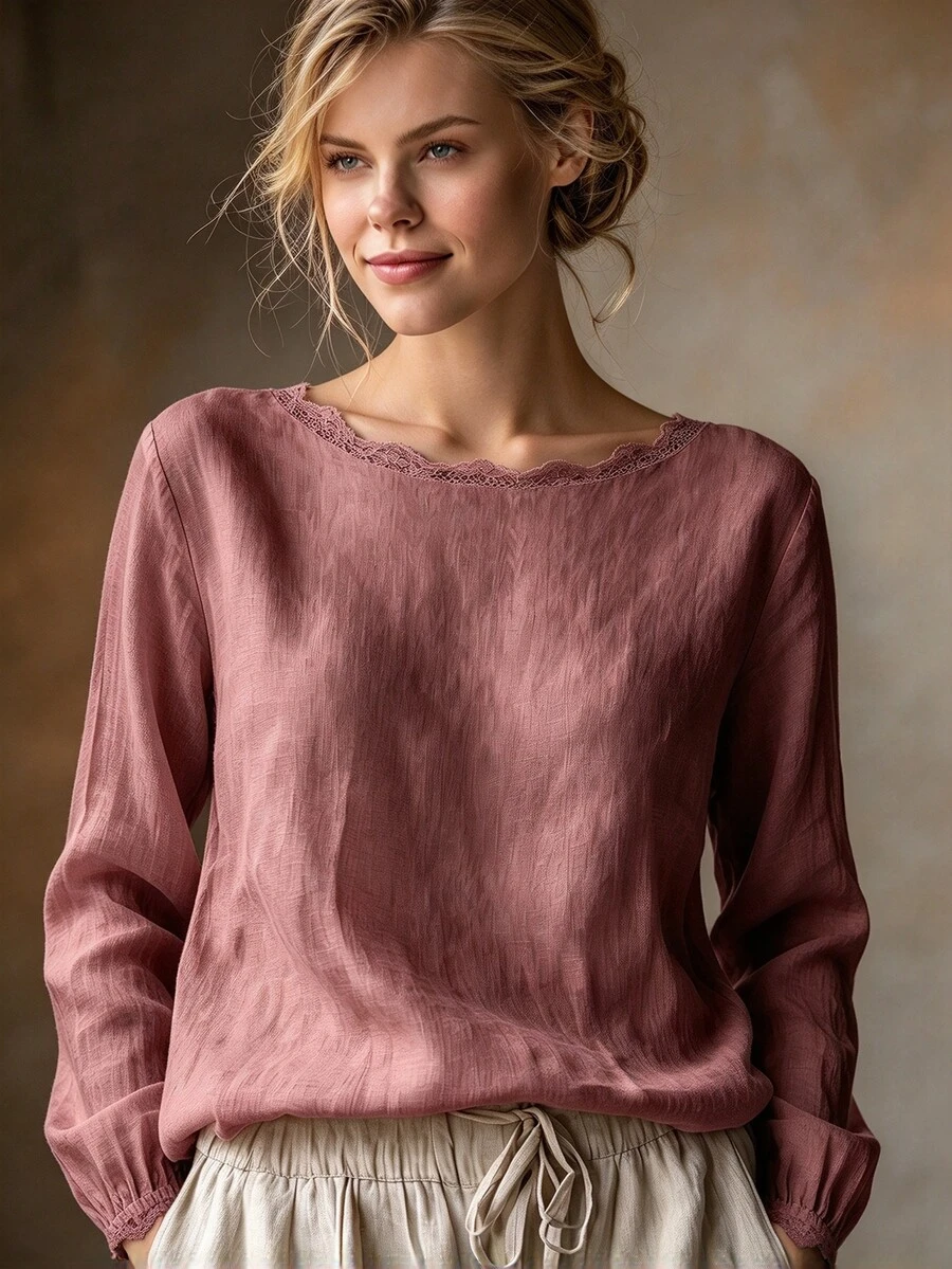 SHEIN Women's Casual Elegant Light Beige Round Neck Lace Trim Minimalist Commute Versatile Daily Blouse - Watermelon Pink - View 1