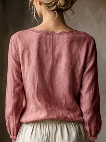 SHEIN Women's Casual Elegant Light Beige Round Neck Lace Trim Minimalist Commute Versatile Daily Blouse - Watermelon Pink - View 2