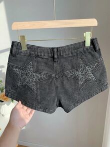 CovetEZ Women's Y2K Casual Fashionable Street Chic Daily Commute Patchwork Leopard & Star Print Denim Shorts, Summer - Black - View 4