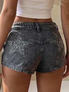 CovetEZ Women's Y2K Casual Fashionable Street Chic Daily Commute Patchwork Leopard & Star Print Denim Shorts, Summer - Black - View 2