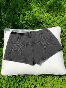 CovetEZ Women's Y2K Casual Fashionable Street Chic Daily Commute Patchwork Leopard & Star Print Denim Shorts, Summer - Black - View 5