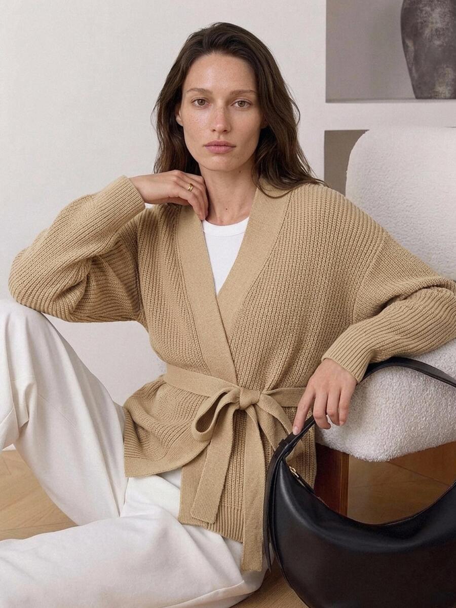 Dazy-Less Women's Solid Color Drop Shoulder Long Sleeve Waist Tie Knit Cardigan Fall Winter - Khaki - View 1