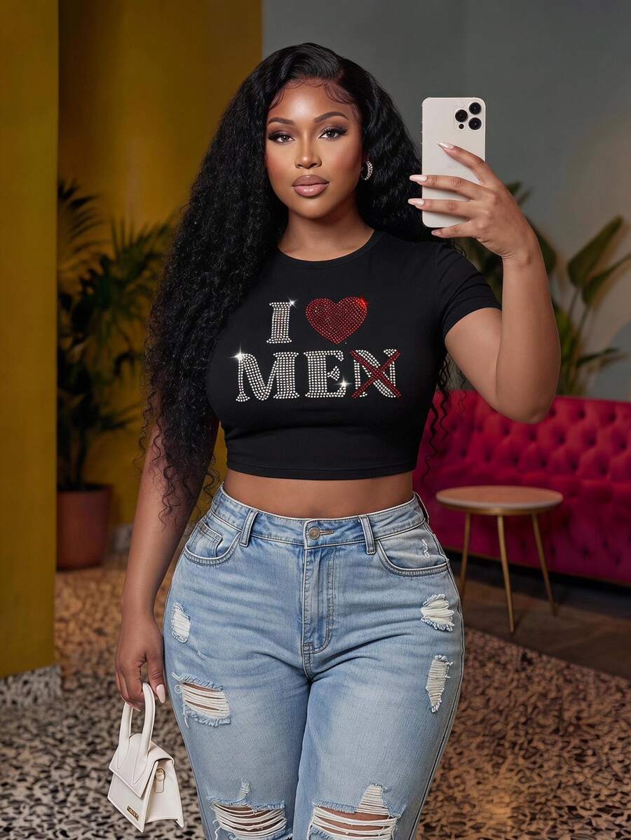 Veslaya Casual Minimalist Women's Rhinestone "I Love Me" Crop Top Tee, Suitable For Summer, Back To School, Going Out, Valentine's Day, Plus Size - Black - View 1