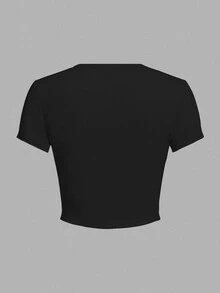 Veslaya Casual Minimalist Women's Rhinestone "I Love Me" Crop Top Tee, Suitable For Summer, Back To School, Going Out, Valentine's Day, Plus Size - Black - View 3