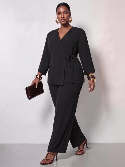 Zivah Plus Size Casual Elegant Wrap Top And Wide Leg Pants Set, Suitable For Everyday Wear In Autumn Black Suits For Women Pantsuit Pant Suit Formal Dinner
