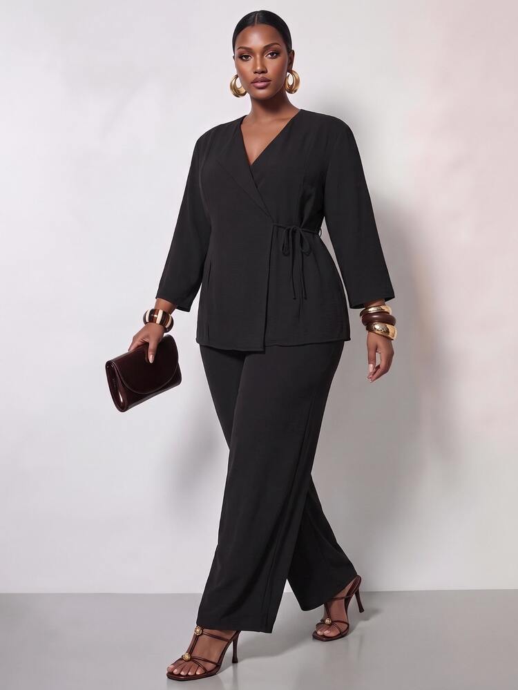 Zivah Plus Size Casual Elegant Wrap Top And Wide Leg Pants Set, Suitable For Everyday Wear In Autumn Black Suits For Women Pantsuit Pant Suit Formal Dinner - Black - View 1