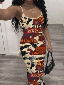 Veslaya Plus Size Women's All-Over Print Casual Daily Summer Spaghetti Strap Dress - Multicolor - View 4