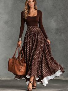 SHEIN Women's Polka Dot Casual Versatile Daily Wear Skirt - Brown - View 7
