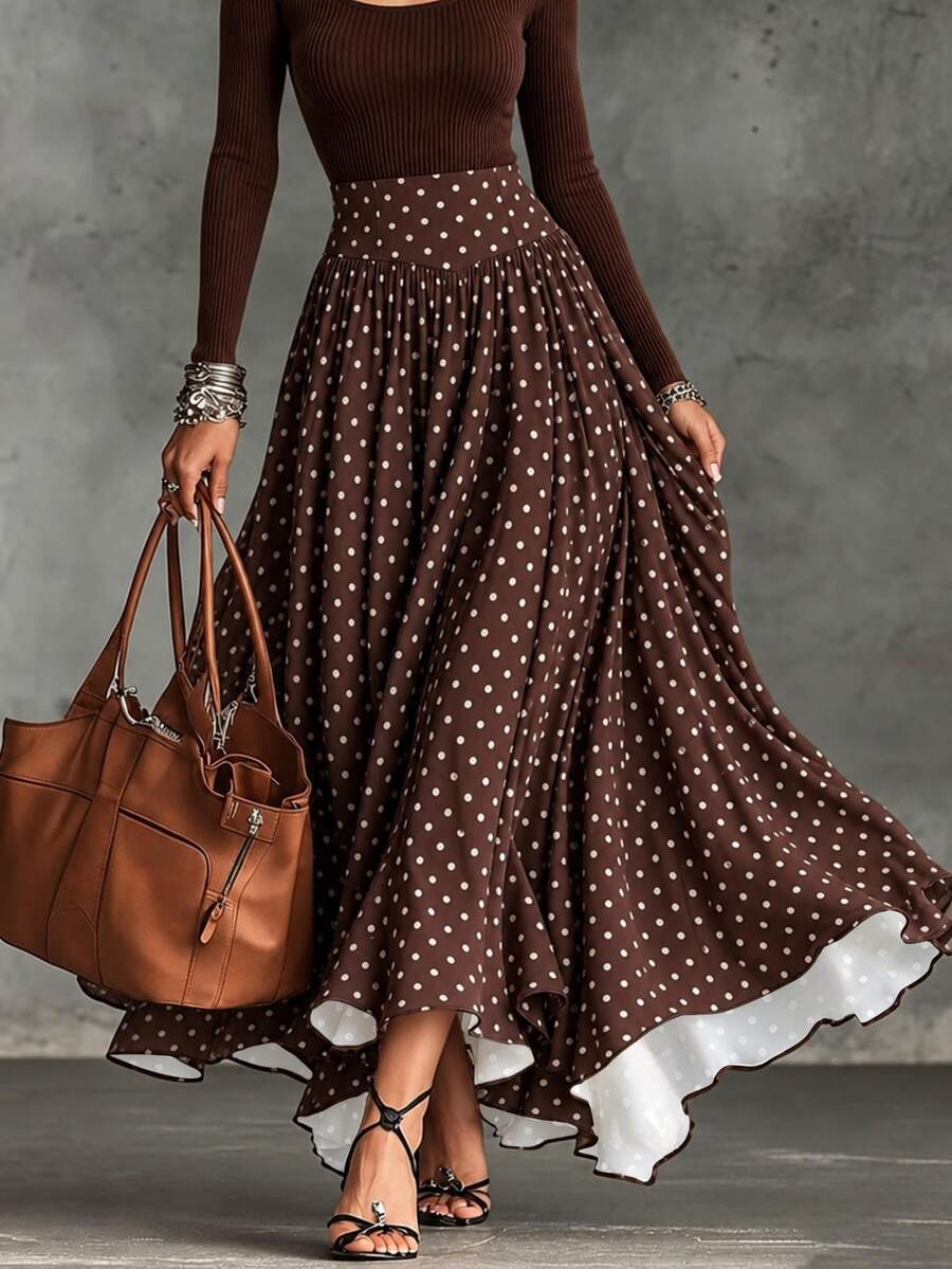 SHEIN Women's Polka Dot Casual Versatile Daily Wear Skirt - Brown - View 1