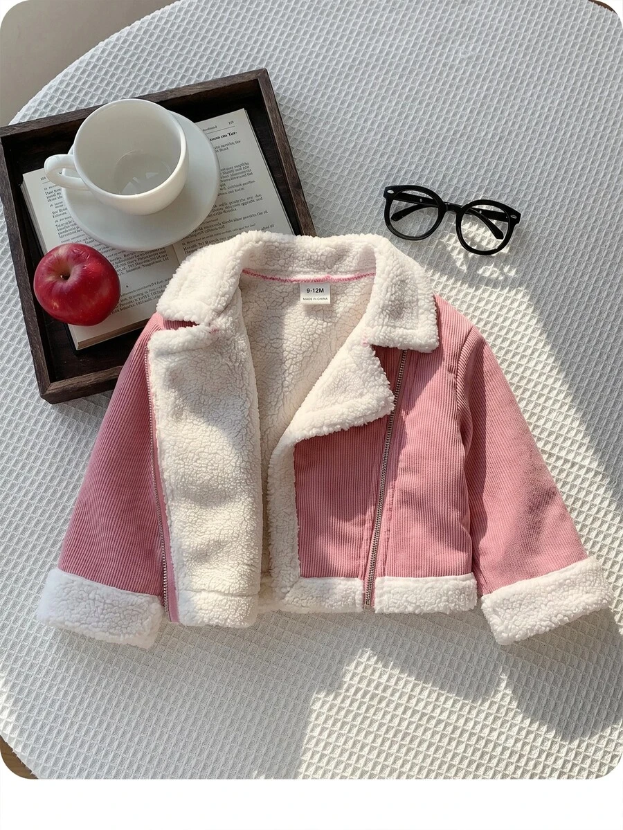 SHEIN 女嬰秋冬可愛百搭拼色保暖內裡人造毛外套 - 粉色 - 查看 1