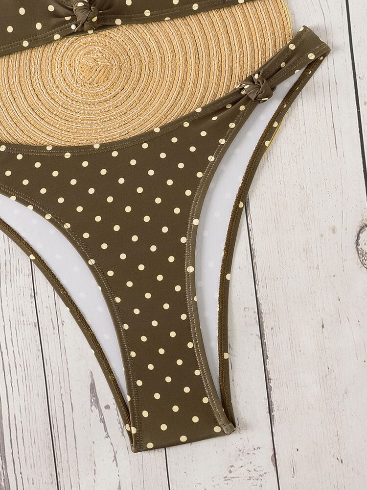 Bonvoyette Women's Bikini Set, Brown And Yellow Polka Dot Contrast Print Summer Beach Holiday, 90s Y2K Style Swimwear For Outings, Parties, Casual Occasions - Multicolor - View 6