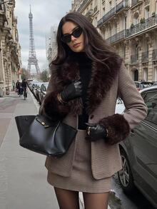Aloruh 女款優雅商務通勤長袖西裝外套 + 迷你裙 2 件套,老錢風人造毛拼接套裝,棕色格紋,辦公室穿搭 - 咖啡棕 - 查看 4