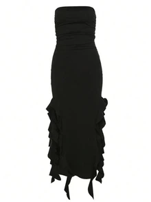 MYSTAURA Ruffle Trim Asymmetrical Hem Tube Dress - Black - View 3