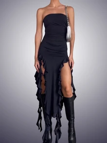 MYSTAURA Ruffle Trim Asymmetrical Hem Tube Dress - Black - View 2