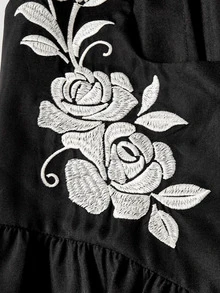 SHEIN CURVE+ Plus Size Women's Floral Embroidered Low Neckline Waist Tie Design Elegant Sleeveless Dress - Black - View 4