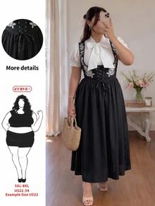 SHEIN CURVE+ Plus Size Women's Floral Embroidered Low Neckline Waist Tie Design Elegant Sleeveless Dress - Black - View 7