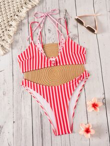 SHEIN Swim 女款夏季新款波點撞色印花性感比基尼套裝，適合冬季、外出、生日派對、休閒場合、Y2K風格、西方服飾、夜店派對、海灘使用 - 彩色 - 查看 5