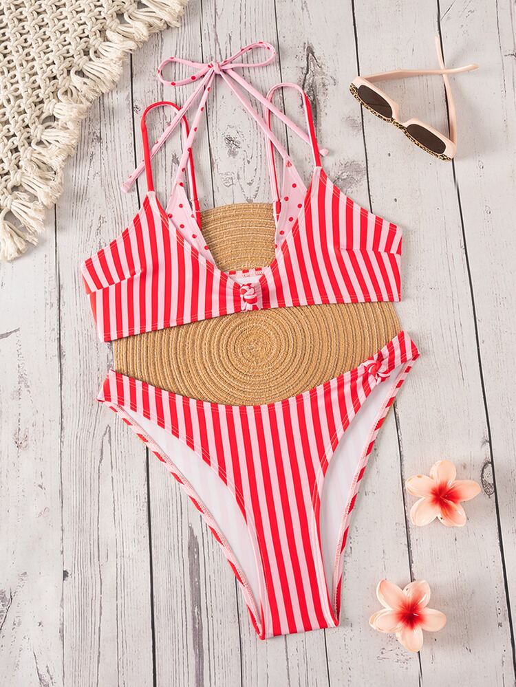 SHEIN Swim Women's Summer New Polka Dot Contrast Color Print Sexy Bikini Set, Suitable For Winter, Outings, Birthday Parties, Casual Occasions, Y2K Style, Western Attire, Nightclub Parties, Beach Use - Multicolor - View 5