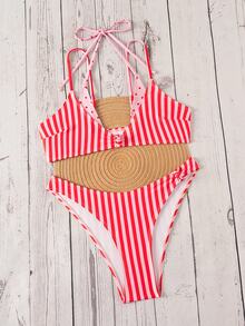 SHEIN Swim 女款夏季新款波點撞色印花性感比基尼套裝，適合冬季、外出、生日派對、休閒場合、Y2K風格、西方服飾、夜店派對、海灘使用 - 彩色 - 查看 4