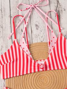 SHEIN Swim 女款夏季新款波點撞色印花性感比基尼套裝，適合冬季、外出、生日派對、休閒場合、Y2K風格、西方服飾、夜店派對、海灘使用 - 彩色 - 查看 6