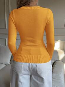 CovetEZ Women's V-Neck Long Sleeve Fitted Casual Knight Print Sweater In Fall/Winter - Orange - View 3
