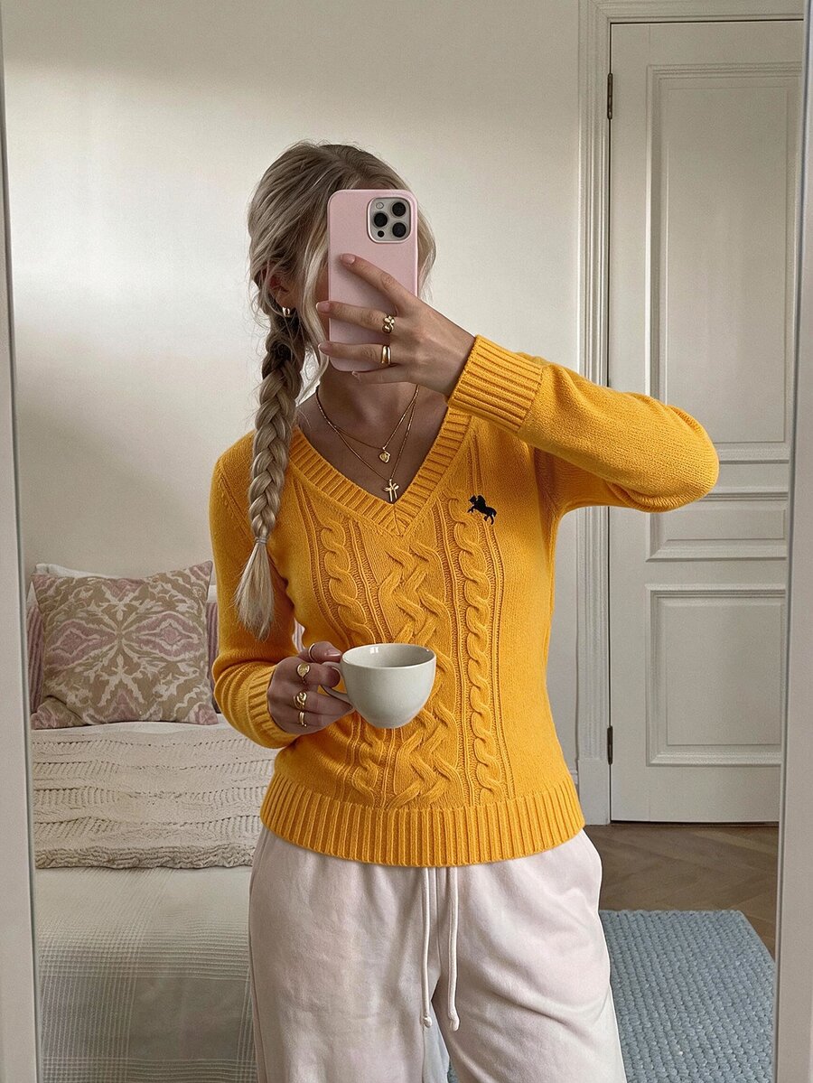 CovetEZ Women's V-Neck Long Sleeve Fitted Casual Knight Print Sweater In Fall/Winter - Orange - View 1
