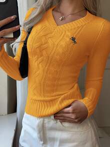 CovetEZ Women's V-Neck Long Sleeve Fitted Casual Knight Print Sweater In Fall/Winter - Orange - View 4
