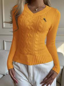 CovetEZ Women's V-Neck Long Sleeve Fitted Casual Knight Print Sweater In Fall/Winter - Orange - View 6