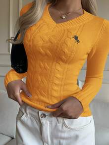 CovetEZ Women's V-Neck Long Sleeve Fitted Casual Knight Print Sweater In Fall/Winter - Orange - View 2
