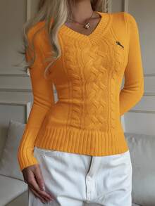 CovetEZ Women's V-Neck Long Sleeve Fitted Casual Knight Print Sweater In Fall/Winter - Orange - View 5